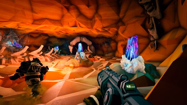Screenshot from Deep Rock Galactic showing a cave with colorful crystals and two dwarves exploring the rocky terrain.