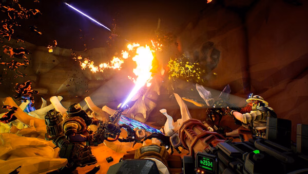 Deep Rock Galactic screenshot: Players battle alien creatures in a fiery cave, using weapons and teamwork to survive intense combat.