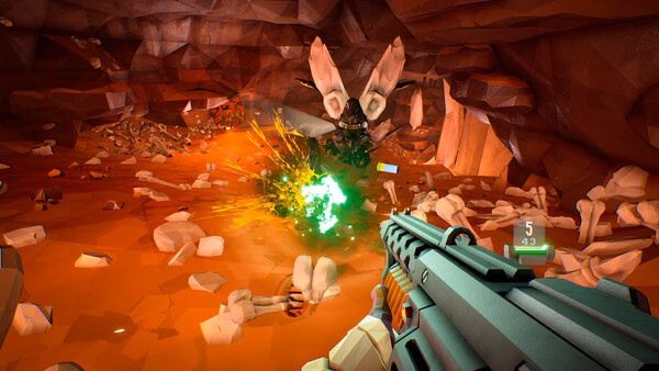 Deep Rock Galactic screenshot: A player wields a shotgun in a cave, firing at glowing insect-like creatures amidst bones and rocky terrain.