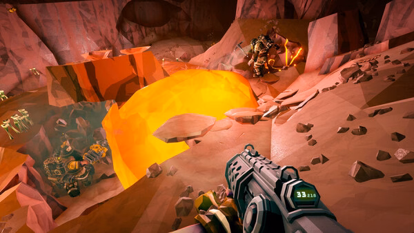 Screenshot from Deep Rock Galactic showing a player aiming a gun at a large glowing crystal in a rocky cave environment.