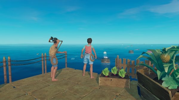 Raft screenshot: Two players stand on a wooden raft surrounded by ocean, with crops growing nearby and floating debris in the water.