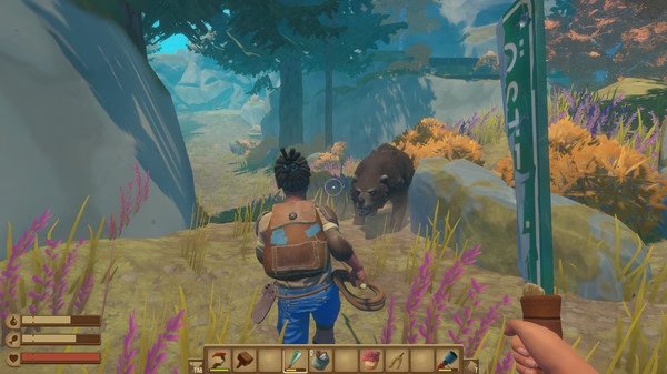 Screenshot from Raft shows a player facing a bear in a colorful forest, with health and inventory visible on the screen.