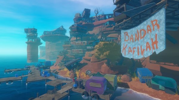Screenshot from the game Raft showing the Bandar Kafila location with floating structures and docks near a rocky shoreline.