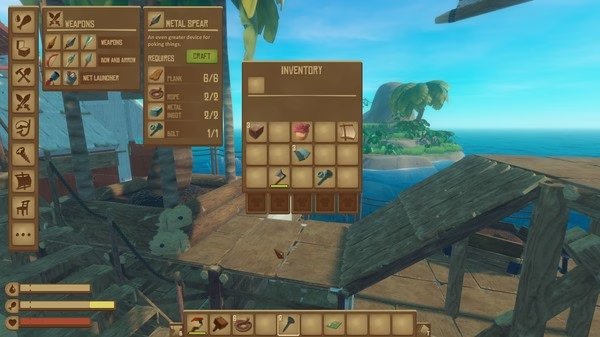 Screenshot from Raft showing inventory menu with items like planks and rope, and an island visible in the background.