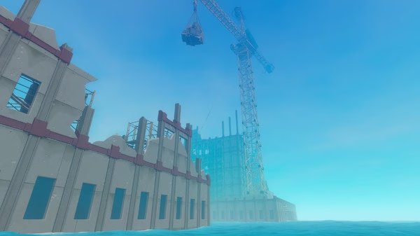 Screenshot from Raft: A large crane hovers over a half-sunken building in the ocean under a clear blue sky.