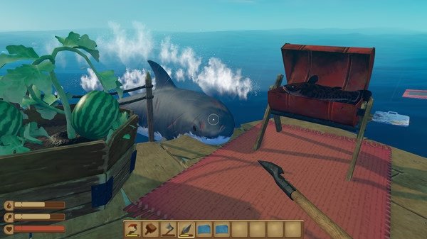 Screenshot from Raft showing a shark approaching a raft with a spear, chair, and plants, including melons, visible on deck.