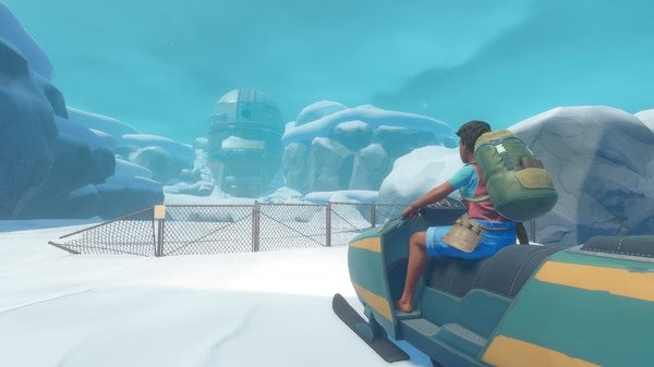 Screenshot from Raft: A character on a snowmobile approaches a fenced area with a large dome in a snowy landscape.