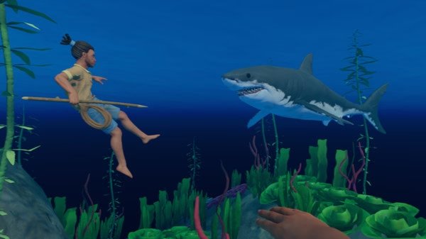 A Raft screenshot showing a player underwater holding a spear, facing a shark surrounded by colorful aquatic plants.