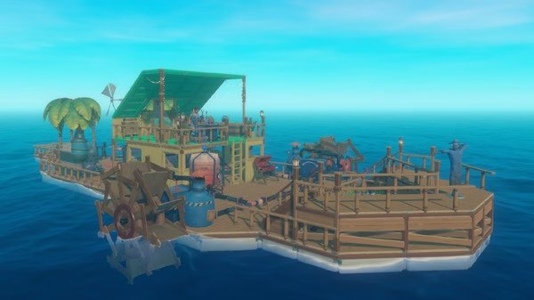 A Raft screenshot showing a large, customized raft with structures, crafting stations, and decorations floating on the open ocean.