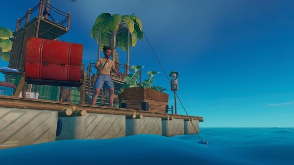 A Raft screenshot showing a player fishing from a wooden raft surrounded by barrels, plants, and clear blue ocean under a sunny sky.