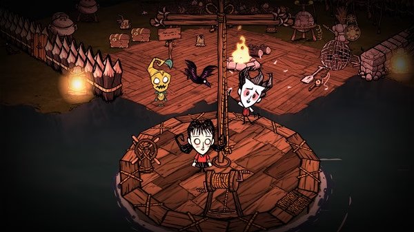 Screenshot from Don't Starve Together showing two characters on a raft, with a campfire and items on the nearby shore.