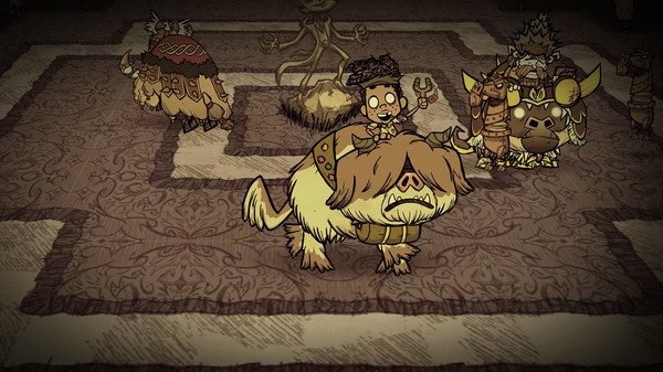 A "Don't Starve Together" screenshot showing a character riding a beefalo, surrounded by more beefalo in a patterned area.