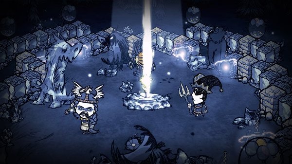 Don't Starve Together screenshot: Characters gather around a glowing fire pit surrounded by stone walls and shadowy creatures.