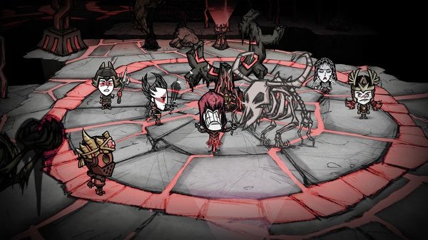 Don't Starve Together screenshot: Characters surrounded by skeletal remains on a red-marked stone floor in a dark environment.