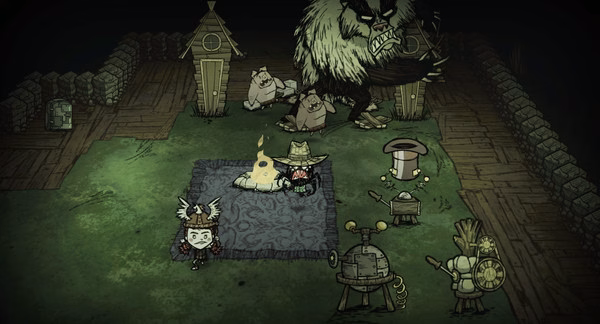 Don't Starve Together screenshot: Characters and creatures gather around a campfire in a wooden fort at night.