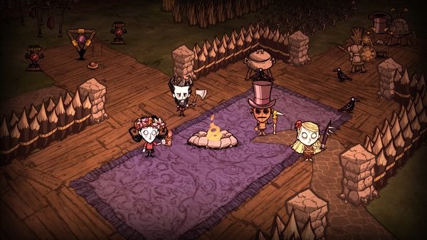 Screenshot from Don't Starve Together showing four characters with unique outfits gathered around a campfire on a wooden floor.