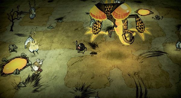 Don't Starve Together screenshot: A character faces off against a large, yellow insect-like creature on a barren landscape.