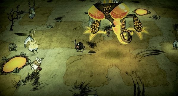 Don't Starve Together screenshot: A character faces off against a large, yellow insect-like creature on a barren landscape.