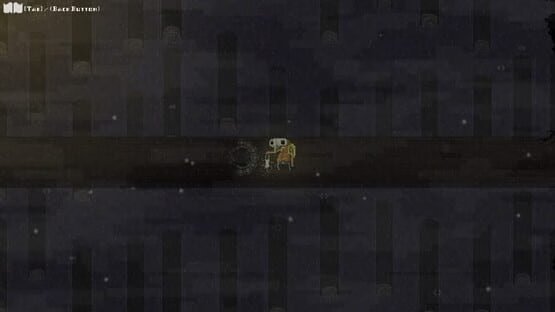 Moonrise Fall screenshot: A small character and a glowing creature walk through a dark, misty corridor surrounded by pillars.