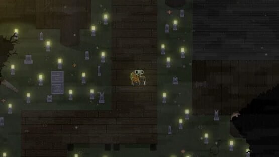 Screenshot from Moonrise Fall showing a character with a lantern navigating through a dimly lit area filled with glowing objects.