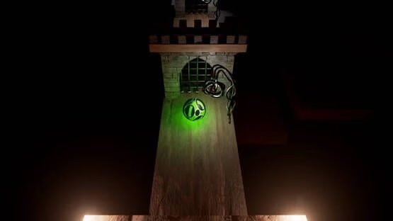 Winexy screenshot: A glowing green ball navigates a wooden path towards a gate under a castle-like structure.
