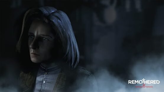 Screenshot from Remothered: Tormented Fathers showing a character with shoulder-length hair amid a misty, dark setting.