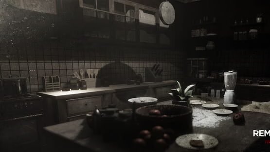 Screenshot from Remothered: Tormented Fathers showing a dimly lit, cluttered kitchen with dishes and utensils on the counter.