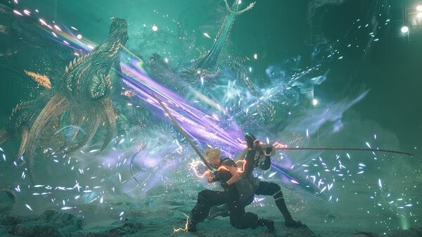 FINAL FANTASY VII REBIRTH screenshot: Two characters wielding swords face a giant dragon amidst swirling energy and sparks.