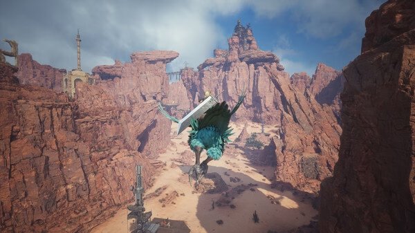FINAL FANTASY VII REBIRTH screenshot: A vibrant chocobo flies through a vast, rocky canyon under a bright blue sky.