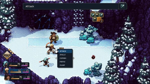 Screenshot from Sea of Stars: Sunset Edition showing characters battling enemies in a snowy, rocky terrain with combat options visible.