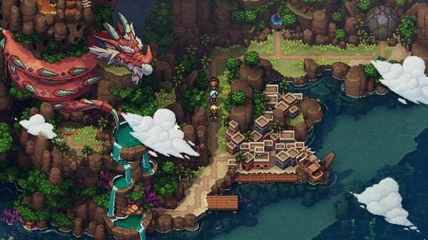 Screenshot of Sea of Stars: Sunset Edition showing a vibrant island scene with a dragon, waterfall, village, and lush greenery.