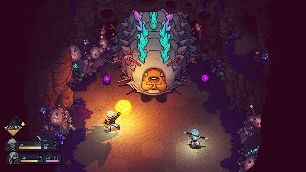 Screenshot from Sea of Stars: Sunset Edition showing two characters battling a large, spiky creature in a cave.