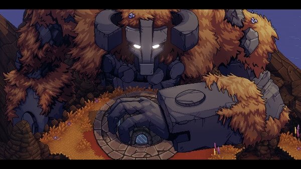 A screenshot from Sea of Stars: Sunset Edition showing a massive stone golem covered in moss, resting in a scenic autumn landscape.