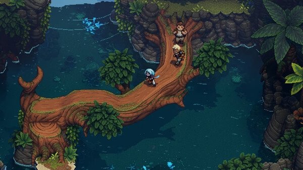 A screenshot from Sea of Stars: Sunset Edition showing three characters standing on a large tree bridge over a serene blue river.