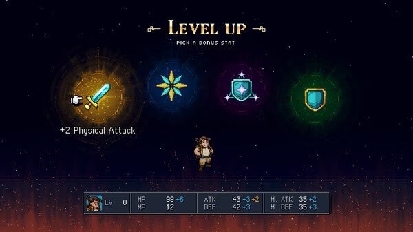Screenshot from Sea of Stars: Sunset Edition showing a level-up screen with different stat options and a character in the center.