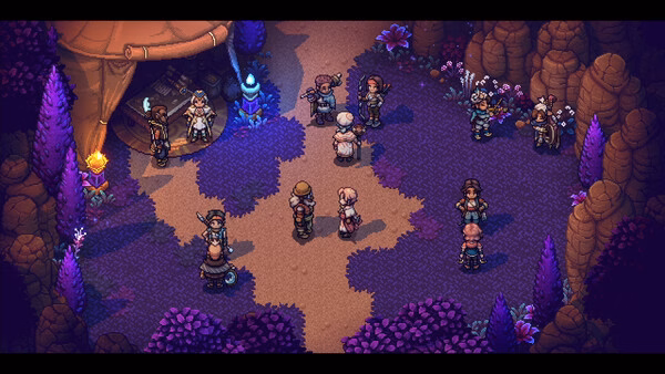Screenshot from Sea of Stars: Sunset Edition showing characters gathered in a vibrant purple-hued campsite at night.