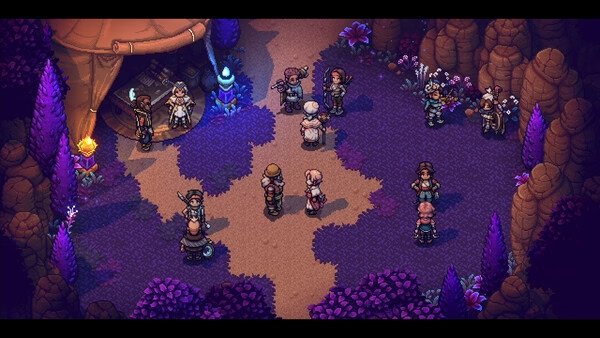 Screenshot from Sea of Stars: Sunset Edition showing characters gathered in a vibrant purple-hued campsite at night.
