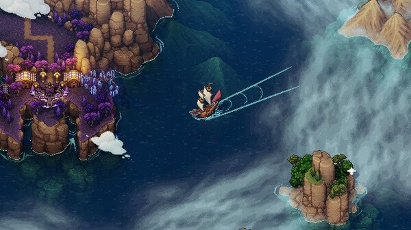 A screenshot of Sea of Stars: Sunset Edition showing a ship sailing between islands surrounded by cliffs and misty waters.
