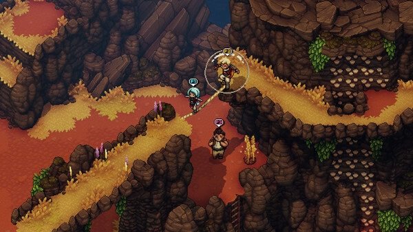 Screenshot of Sea of Stars: Sunset Edition showing three characters exploring a rocky, red-hued canyon landscape.