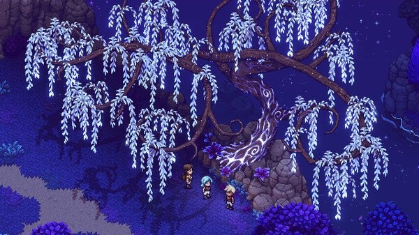 Screenshot of Sea of Stars: Sunset Edition showing three characters under an illuminated, magical tree with cascading white leaves.