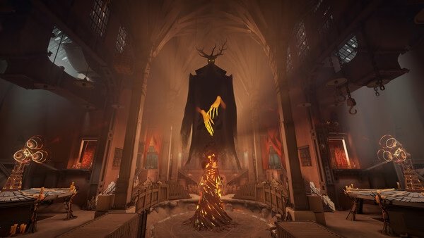 Deadlock screenshot: A dark figure with glowing hands stands in a cathedral-like room, surrounded by fiery decorations.
