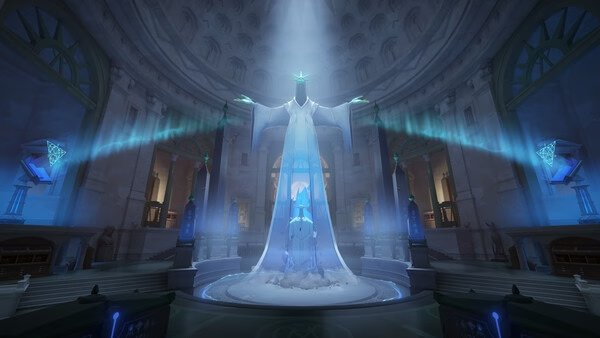 Screenshot from Deadlock showing a mystical statue in a grand hall, illuminated by ethereal blue light beams.