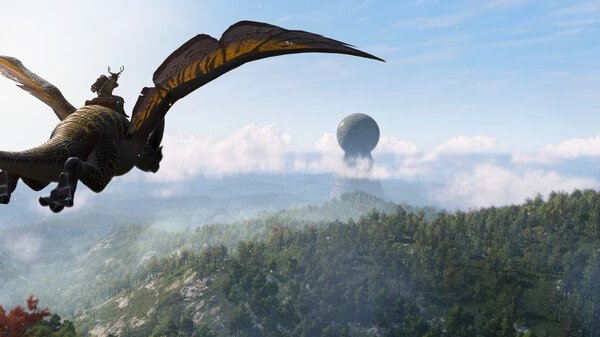 Screenshot from 'Light No Fire' showing a dragon flying over a vast forest landscape towards a mysterious stone sphere.