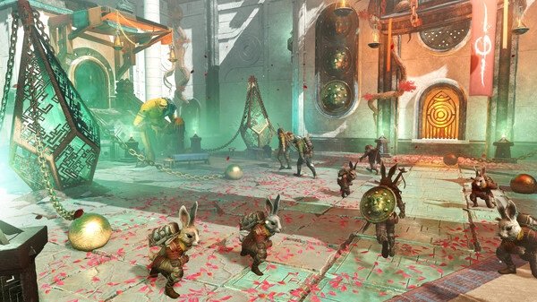Screenshot from the game 'Light No Fire' showing armored rabbits and guards in a mystical temple setting.