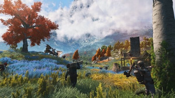Screenshot from 'Light No Fire' showing adventurers exploring a vibrant meadow with dragons near a rustic village.