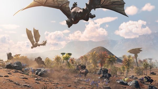 Screenshot from Light No Fire: Dragons soar over a diverse group of running animals in a vibrant landscape.