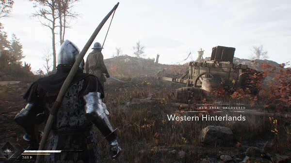 Blight: Survival screenshot showing an armored character with a bow approaching two figures and a cart in the Western Hinterlands.