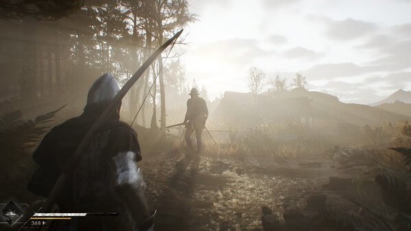 Blight: Survival screenshot showing two armored figures facing off in a misty forest clearing with weapons drawn, ready for battle.