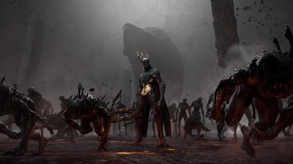 Chrono Odyssey screenshot: A dark battlefield with armored creatures and a glowing figure standing amidst menacing enemies.