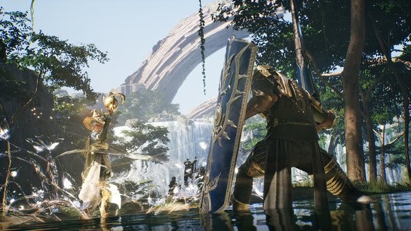 Chrono Odyssey screenshot: A warrior with a shield faces a glowing enemy in a lush forest with waterfalls and a giant stone archway.